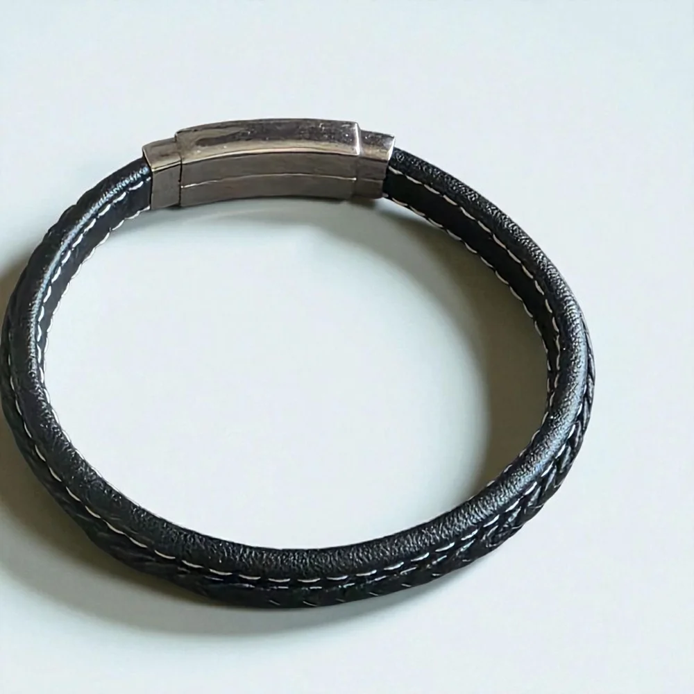 Black Leather Bracelet with Silver Clasp